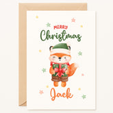 Christmas card with a fox holding a gift and 'Merry Christmas Jack' text.